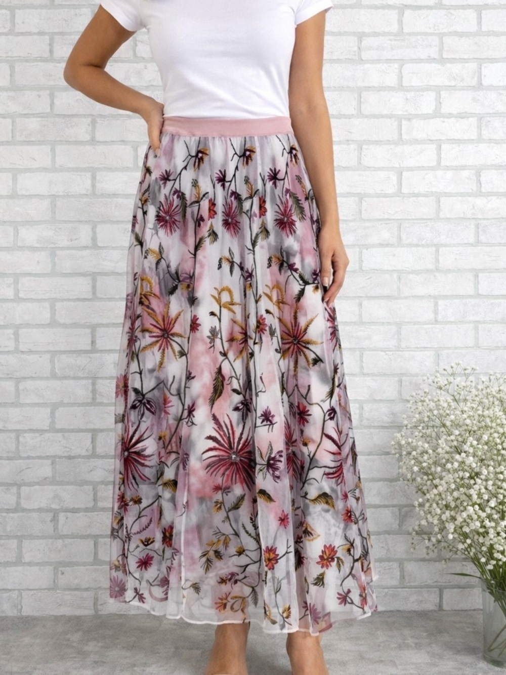 Soft Surroundings Splendor Floral Mesh Embroidery Maxi Skirt Size XS - Picture 3 of 10